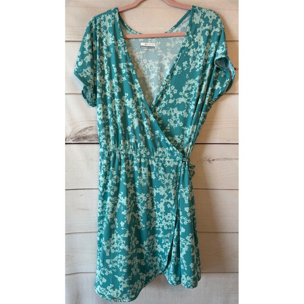 Columbia Women Teal Floral Wrap Dress Short Sleeve V-Neck AK0253 Size L